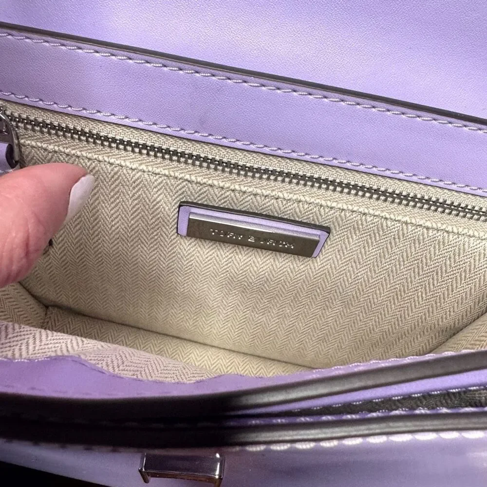Tory Burch Purple Lavender Patent Leather Silver Logo Chain Britten Shoulder Bag